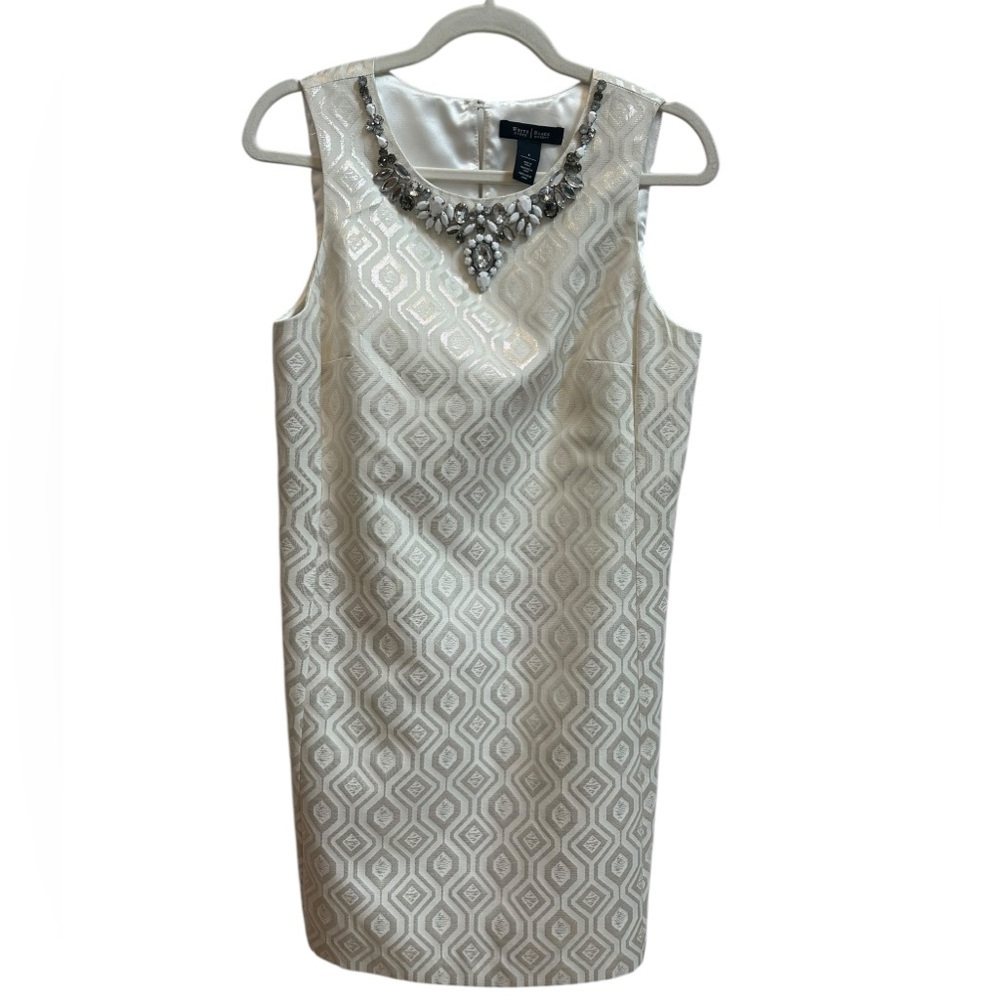 White House Black Market Jeweled Neck Metallic Jacquard Dress Sz 8 White Beaded